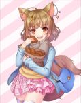  :d animal_ears asymmetrical_clothes bag bracelet brown_hair ear_piercing eating fennery_(show_by_rock!!) food food_on_face fox_ears fox_tail frilled_skirt frills hair_ornament hairclip handbag jacket jewelry long_sleeves open_mouth orange_eyes paper_bag piercing pink_background rusha_(r_style) scarf short_hair show_by_rock!! simple_background skirt smile tail taiyaki thigh-highs two-tone_background wagashi white_background zettai_ryouiki 