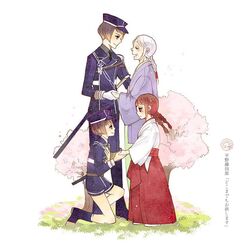  1boy 1girl age_comparison bob_cut boots brown_hair cherry_blossoms closed_eyes eye_contact female_saniwa_(touken_ranbu) fujimaru_mirai gloves grey_hair hakama hand_holding hanten_(clothes) hat hirano_toushirou japanese_clothes jewelry kimono little_girl_saniwa_(touken_ranbu) long_sleeves looking_at_another miko military military_hat military_uniform necklace old_woman older one_knee red_hakama shorts tears touken_ranbu tree uniform white_gloves 