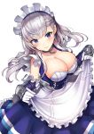  1girl absurdres apron azur_lane bangs belfast_(azur_lane) blue_eyes blush braid breasts cannon chains cleavage collar collarbone commentary corset dress dress_lift eyebrows_visible_through_hair floating_hair french_braid frilled_sleeves frills gauntlets gloves gui_ss head_tilt highres large_breasts lifted_by_self long_hair looking_at_viewer maid maid_headdress rigging sidelocks silver_hair simple_background skindentation smile solo white_background white_gloves 