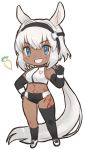  1girl animal_ears bangs blue_eyes breasts caenis_(fate) chibi commentary_request dark_skin elbow_gloves eyebrows_visible_through_hair fate/grand_order fate_(series) full_body gloves grin hair_intakes hairband lilirenzu long_hair looking_at_viewer medium_breasts navel short_shorts shorts single_thighhigh smile solo standing tattoo thigh-highs white_hair 