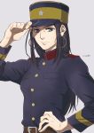  1girl asirpa belt black_hair blue_eyes closed_mouth earrings golden_kamuy grey_background hand_on_hip hat hat_tip hoop_earrings jewelry long_hair looking_at_viewer military military_hat military_uniform older simple_background smile uniform 