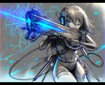  1girl backpack bag blue_eyes bodysuit eyebrows_visible_through_hair facing_viewer firing gia gloves headset holding holding_weapon original railgun science_fiction short_hair signature solo spot_color weapon 