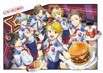  315diner 6+boys apron badge beit brown_hair button_badge checkered checkered_floor cup disposable_cup dutch_angle employee_uniform food french_fries garrison_cap half_updo hand_on_hip hat hazama_michio headset idolmaster idolmaster_side-m kadono_torihiki knee_pads looking_at_viewer maita_rui male_focus multiple_boys neon_lights pants pierre_(idolmaster) red_neckwear red_pants s.e.m short_sleeves silver_hair smile takajou_kyouji uniform violet_eyes waist_apron watanabe_minori wrist_cuffs yamashita_jirou 