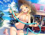  1girl ;d ahoge bangs beach bench bikini bikini_under_clothes blonde_hair blue_eyes blue_nails blue_sky blush bracelet breasts building clouds collarbone commentary_request cutoffs day denim denim_shorts earrings fingernails food groin hachimiya_meguru halterneck hat holding holding_hose horizon hose ice_cream idolmaster idolmaster_shiny_colors jewelry joey_koguma leg_up long_hair looking_at_viewer low_twintails medium_breasts nail_polish navel ocean one_eye_closed open_mouth outdoors palm_tree rainbow sandals short_shorts shorts side-tie_bikini sky smile solo standing standing_on_one_leg stomach straw_hat summer sunlight swimsuit tree twintails water wet 