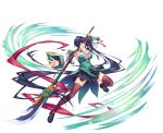  1girl bangs bare_shoulders black_legwear blue_hair blush breasts detached_sleeves fingernails full_body highres holding holding_weapon kan&#039;u katagiri_hinata koihime_musou large_breasts loafers long_hair looking_at_viewer naginata necktie official_art open_mouth polearm ponytail sennen_sensou_aigis shiny shiny_clothes shiny_hair shiny_skin shoes side_ponytail skirt sleeveless solo thigh-highs transparent_background very_long_hair weapon wide_sleeves yellow_eyes zettai_ryouiki 