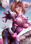  1girl artist_name bangs bearwitch belt bodysuit boku_no_hero_academia breasts brown_eyes brown_hair character_name commentary debris english_commentary gloves glowing hair_between_eyes hand_on_own_chest highres large_breasts outstretched_hand parted_lips rubble short_hair uraraka_ochako 