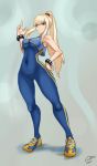  1girl absurdres bare_arms blonde_hair blue_eyes bodysuit bracelet breasts capcom chun-li chun-li_(cosplay) cosplay drawfag101 eyebrows_visible_through_hair highres jewelry long_hair metroid ponytail samus_aran shoes sleeveless sneakers solo street_fighter street_fighter_zero_(series) studded_bracelet unitard vest 