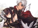  1boy 1girl amakusa_shirou_(fate) animal animal_on_shoulder bird bird_on_shoulder black_hair breasts brown_eyes cleavage closed_eyes commentary_request dark_skin detached_sleeves dove fate/apocrypha fate_(series) flower fur_trim grey_hair long_hair lying on_side pointy_ears runliya semiramis_(fate) sleeping spike very_long_hair 