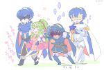  2boys 2girls belt black_gloves blue_cape blue_hair blush cape chiki closed_mouth dual_persona fingerless_gloves fire_emblem fire_emblem:_kakusei fire_emblem:_mystery_of_the_emblem fire_emblem_heroes flower gloves green_hair hair_ribbon heart locked_arms long_hair long_sleeves lucina mamkute marth mask multiple_boys multiple_girls open_mouth pink_swimsuit pointy_ears ponytail qumaoto red_ribbon ribbon short_hair simple_background standing swimsuit tiara twitter_username white_background white_gloves 