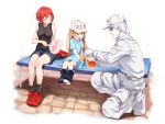  1boy 2girls :d ^_^ asutora bare_arms bare_shoulders baseball_cap belt black_eyes black_footwear black_legwear black_shirt blonde_hair blue_shirt blush boots breasts brown_eyes closed_eyes clothes_writing commentary_request cup denim denim_shorts facing_another fan flat_cap full_body hat hat_removed hataraku_saibou headwear_removed holding holding_cup holding_fan holster jacket knife large_breasts long_hair long_sleeves looking_at_another multiple_girls open_mouth pants paper_fan platelet_(hataraku_saibou) red_blood_cell_(hatataku_saibou) red_footwear red_hat redhead rubber_boots seiza sheath sheathed shirt shoes short_hair short_shorts short_sleeves shorts sitting sleeveless sleeveless_shirt smile socks thigh_holster thighs translated uchiwa very_long_hair weapon white_background white_blood_cell_(hataraku_saibou) white_footwear white_hat white_jacket white_pants white_shorts 