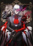  2boys antonio_salieri_(fate/grand_order) blonde_hair blood bloody_knife cravat fate/grand_order fate_(series) formal highres jewelry kanashiki knife long_hair looking_at_viewer mask multiple_boys necklace painting_(object) pinstripe_suit pixiv_fate/grand_order_contest_2 red_eyes striped suit very_long_hair wallpaper_(object) white_hair wolfgang_amadeus_mozart_(fate/grand_order) 