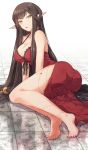 1girl agsen ass black_hair breasts cleavage commentary_request dress fate/apocrypha fate_(series) female_ass highres large_breasts legs legs_together long_dress long_hair looking_at_viewer on_floor pointy_ears red_dress semiramis_(fate) side_slit solo thighs tile_floor tiles toenail_polish very_long_hair yellow_eyes
