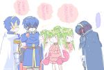  2boys 2girls black_gloves blue_cape blue_hair blush cape chiki dual_persona fire_emblem fire_emblem:_kakusei fire_emblem:_mystery_of_the_emblem fire_emblem_heroes from_side gloves green_hair hair_ribbon long_hair long_sleeves lucina mamkute marth mask multiple_boys multiple_girls open_mouth pink_swimsuit pointy_ears ponytail qumaoto red_ribbon ribbon short_hair simple_background standing swimsuit tiara white_background white_cape white_gloves 