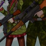  (c&amp;c) 2 ak-47 alert and assault assault_rifle at bag bar boots boris brown chocolate closed command conquer conquer: eyes food fur_hat green gun hair hat highres holding jacket legwear looking military mouth naihebridge pantyhose purple radio red rifle solo sweater turtleneck uniform ushanka viewer weapon yellow 