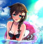  1girl :d ahoge alternate_costume amagami_(makise_tsubaki) bangs bikini blue_eyes blue_sky blush braid breasts brown_hair cleavage clouds collarbone commentary cute diomedea eyebrows_visible_through_hair flower hair_between_eyes hair_flaps hair_flower hair_ornament hair_over_shoulder innertube kadokawa kadokawa_games kantai_collection long_hair open_mouth outdoors partially_submerged remodel_(kantai_collection) revision ribbon shigure_(kantai_collection) sidelocks single_braid sky smile solo splash sunlight swimming swimsuit twitter_username upper_body 