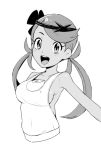  1girl :d bangs bare_shoulders blush breasts covered_navel erect_nipples greyscale hairband long_hair looking_at_viewer mallow_(pokemon) medium_breasts monochrome open_mouth overalls pokemon pokemon_(game) pokemon_sm s-a-murai sideboob smile solo swept_bangs twintails 
