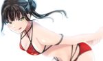  1girl :p absurdres arms_behind_back bangs bikini black_hair blunt_bangs blush breasts cleavage eyebrows_visible_through_hair green_eyes highres kawaoka_(tsuchinokome) kurosawa_dia long_hair looking_at_viewer love_live! love_live!_sunshine!! mole mole_under_mouth swimsuit tongue tongue_out 