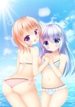  2girls :d ass bangs bare_arms bare_shoulders bikini blue_bikini blue_bow blue_eyes blue_hair blue_sky bow bow_bikini brown_hair closed_mouth clouds collarbone commentary_request day eyebrows_visible_through_hair gochuumon_wa_usagi_desu_ka? hair_between_eyes hair_ornament hairclip hand_holding highres horizon hoto_cocoa interlocked_fingers kafuu_chino long_hair looking_at_viewer looking_back multiple_girls navel ocean open_mouth outdoors pink_bikini pink_bow polka_dot polka_dot_bikini sky smile swimsuit very_long_hair violet_eyes water x_hair_ornament yukatama 