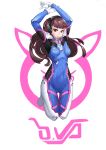  1girl absurdres animal_print arms_up bangs beudyek blue_bodysuit blush bodysuit breasts brown_eyes brown_hair bunny_print closed_mouth covered_navel d.va_(overwatch) facial_mark gloves headphones highres long_hair looking_at_viewer medium_breasts no_shoes overwatch pilot_suit ribbed_bodysuit shoulder_pads solo very_long_hair whisker_markings white_background white_gloves 