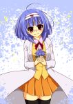  1girl black_legwear blue_hair commentary_request flower glasses hairband holding holding_flower jewelpet_(series) jewelpet_twinkle kanesada_ryo labcoat orange_skirt pink_shirt red_eyes sara_(jewelpet_twinkle) school_uniform shirt short_hair skirt thigh-highs vest white_hairband yellow_vest 