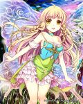  1girl alternate_color bare_shoulders blonde_hair braid breasts butterfly_wings cleavage commentary_request dress fairy fairy_wings long_hair medium_breasts mirror_image open_mouth original pointy_ears smile solo tin_(wsp85205) twin_braids watermark wings yellow_eyes 