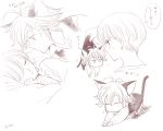  1boy 2girls animal_ears antenna_hair blush cat_ears cat_tail chibi elizabeth_liones greyscale harumiya lying meliodas monochrome multiple_girls nanatsu_no_taizai on_side short_hair siblings sisters sleeping sweatdrop tail veronica_liones 