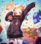  1girl abigail_williams_(fate/grand_order) arms_up balloon bangs black_bow black_jacket blonde_hair blue_eyes blue_sky blurry blurry_background blush bow commentary confetti covered_mouth day depth_of_field english_commentary fate/grand_order fate_(series) hair_bow hair_bun jacket long_sleeves looking_at_viewer nagu object_hug orange_bow outdoors parted_bangs polka_dot polka_dot_bow signature sky sleeves_past_wrists solo stuffed_animal stuffed_toy teddy_bear 