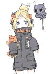  1girl abigail_williams_(fate/grand_order) alternate_hairstyle bandaid_on_forehead bangs belt black_bow black_jacket blonde_hair blue_eyes blush bow calligraphy_brush closed_mouth fate/grand_order fate_(series) forehead hair_bow hair_bun high_collar holding holding_stuffed_animal jacket light_smile long_hair looking_to_the_side nanateru octopus orange_bow paintbrush parted_bangs simple_background sleeves_past_fingers sleeves_past_wrists solo stuffed_animal stuffed_toy teddy_bear thighs white_background 