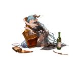  ahoge ankle_boots bangs blue_hair blush boots bottle breasts brown_footwear draph drunk granblue_fantasy holding holding_bottle horns kneeling lamretta long_hair looking_away minaba_hideo official_art open_mouth pantyhose pointy_ears smile spill transparent_background 