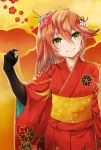  1girl black_gloves commentary_request elbow_gloves flower gloves green_eyes hair_flower hair_ornament head_tilt japanese_clothes kimono kurage_(11649021) leilan_(p&amp;d) light_blush long_hair looking_at_viewer orange_hair puzzle_&amp;_dragons side_ponytail smile solo 