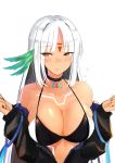  1girl azur_lane bare_shoulders bikini_top black_hair black_jacket blush bodypaint breasts brown_eyes choker cleavage closed_mouth collarbone eyebrows_visible_through_hair facepaint flying_sweatdrops hands_up highres jacket large_breasts long_hair long_sleeves looking_at_viewer massachusetts_(azur_lane) multicolored_hair native_american open_clothes open_jacket pnatsu silver_hair simple_background solo swimsuit swimsuit_under_clothes tan unzipped upper_body white_background 