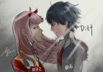  1boy 1girl absurdres bangs black_hair blue_eyes character_name commentary couple darling_in_the_franxx dated english_commentary face-to-face facing_another green_eyes hair_ornament hairband hetero highres hiro_(darling_in_the_franxx) horns long_hair long_sleeves looking_at_another military military_uniform necktie oni_horns orange_neckwear pink_hair red_horns red_neckwear short_hair signature uniform user_pwnr7245 white_hairband zero_two_(darling_in_the_franxx) 