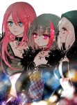  3girls aoba_moka bang_dream! bangs black_choker black_hair blonde_hair blue_eyes blurry breasts chino_machiko choker cleavage closed_mouth depth_of_field earrings eyebrows_visible_through_hair fur_trim hoop_earrings jewelry medium_breasts mitake_ran multicolored_hair multiple_girls necklace pink_eyes redhead simple_background smile sparkle star star_necklace streaked_hair udagawa_tomoe white_background 