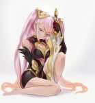  1girl armor black_armor black_gloves closed_mouth dark_skin ei1han elbow_gloves feather_trim fire_emblem fire_emblem_heroes gloves gradient_hair hair_ornament highres holding holding_sword holding_weapon laevateinn_(fire_emblem_heroes) long_hair multicolored_hair pink_hair red_eyes simple_background sitting solo sword twintails twitter_username weapon 