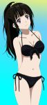  1girl arms_behind_back bangs bikini black_bikini black_hair black_ribbon blue_background blunt_bangs breasts chitanda_eru cleavage collarbone cowboy_shot cp9a gradient gradient_background groin hair_ornament halterneck head_tilt hyouka long_hair medium_breasts navel ribbon smile solo standing swimsuit very_long_hair violet_eyes 