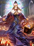  1girl artist_name blonde_hair blue_eyes book breasts candle cape cleavage copyright_name cross curly_hair fur_trim gloves hat highres jewelry legend_of_the_cryptids liang_xing long_hair necklace official_art solo watermark web_address window 