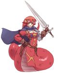  1girl :d alternate_costume belt breasts brown_gloves cape cleavage gloves hair_ornament hand_on_hip highres holding holding_sword holding_weapon lamia large_breasts long_hair long_sword looking_at_viewer miia_(monster_musume) monster_girl monster_musume_no_iru_nichijou open_mouth orange_eyes pelvic_curtain pointy_ears pouch purple_cape redhead rtil scales shoulder_armor simple_background smile solo spaulders sword weapon white_background 