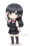  1girl adapted_costume asashio_(kantai_collection) belt black_hair black_legwear chibi dated dress full_body grey_eyes kantai_collection long_hair looking_at_viewer masara_(masalucky2010) pinafore_dress remodel_(kantai_collection) salute short_sleeves simple_background solo thigh-highs thigh_strap twitter_username white_background 