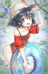  1girl absurdres animal_ears_(artist) arm_up black_hair black_swimsuit blue_eyes blue_innertube blush collarbone eyebrows_visible_through_hair flower frog hair_between_eyes hand_on_headwear hat_feather highres holding holding_innertube innertube kaban_(kemono_friends) kemono_friends looking_at_viewer lotus lucky_beast_(kemono_friends) no_legwear no_pants one-piece_swimsuit open_mouth outdoors red_shirt see-through shirt short_hair short_sleeves solo spaghetti_strap striped_sleeves swimsuit swimsuit_under_clothes wading wet wet_clothes wet_shirt 