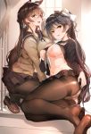  2girls animal_ears ass atago_(azur_lane) azur_lane bangs blurry blurry_background blush bnags bow bra breasts brown_footwear brown_hair brown_legwear eyebrows_visible_through_hair full_body hair_bow hair_flaps hair_ornament hand_on_own_chest highres indoors lifted_by_self loafers long_hair looking_at_viewer mole mole_under_eye multiple_girls navel neckerchief nylon open_mouth panties panties_under_pantyhose pantyhose pink_bra pleated_skirt ponytail purple_hair ribbon sailor_collar school_uniform serafuku shiny shirt_lift shoes sitting skirt sleeves_past_wrists smile soles squatting stairs sweater swept_bangs takao_(azur_lane) thighband_pantyhose underwear upskirt white_bow white_panties white_ribbon window yellow_eyes yokozuwari 