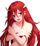  1girl blush breasts cleavage covering covering_breasts fire_emblem fire_emblem:_kakusei hair_ornament jurge long_hair navel open_mouth red_eyes redhead simple_background small_breasts solo cordelia_(fire_emblem) upper_body white_background wing_hair_ornament 