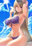  1girl amasora_taichi bare_shoulders bikini blonde_hair blue_eyes blue_sky breasts cleavage clouds collarbone diadem eyebrows_visible_through_hair flower front-tie_bikini front-tie_top granblue_fantasy hair_flower hair_intakes hair_ornament hairband highres jeanne_d&#039;arc_(granblue_fantasy) large_breasts lily_(flower) lips midriff navel pink_lips purple_bikini sitting sky sun sunlight swimsuit white_flower 