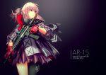  1girl absurdres ar-15 armband armor assault_rifle bangs blush character_name closed_mouth clothes_writing coat digi-mind_update_(girls_frontline) dress floating_hair gas_mask girls_frontline gloves gun hair_between_eyes hair_ornament highres holding holding_gun holding_weapon holster jacket long_hair looking_away magazine_(weapon) multicolored_hair open_clothes open_coat parted_lips pink_hair ponytail recamuse red_gloves rifle scarf scope sidelocks simple_background skindentation solo st_ar-15_(girls_frontline) strap streaked_hair thigh-highs thigh_holster thigh_strap torn_jacket trigger_discipline weapon 