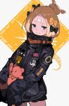  1girl abigail_williams_(fate/grand_order) alternate_hairstyle andrian_gilang bandaid_on_forehead bangs belt black_bow black_jacket blonde_hair blue_eyes bow caution_tape fate/grand_order fate_(series) forehead grin hair_bow hair_bun high_collar highres holding holding_stuffed_animal jacket keep_out long_hair looking_at_viewer orange_bow parted_bangs polka_dot polka_dot_bow sleeves_past_fingers sleeves_past_wrists smile solo stuffed_animal stuffed_toy teddy_bear tentacle thighs white_background 