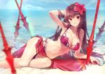  1girl beach bikini blue_sky breasts cleavage clouds collarbone fate/grand_order fate_(series) flower gae_bolg hair_flower hair_intakes hair_ornament hibiscus kagachi_saku large_breasts leg_garter lens_flare long_hair looking_at_viewer navel partially_submerged pink_bikini purple_bikini purple_hair purple_sarong red_eyes sand sarong scathach_(fate)_(all) scathach_(fate/grand_order) scathach_(swimsuit_assassin)_(fate) sky smile swimsuit water 