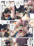  1boy 1girl alternate_costume banana bangs black_hair blue_eyes blurry blurry_background blush cellphone comic commentary_request couple darling_in_the_franxx eyebrows_visible_through_hair festival floral_print food fruit green_eyes grey_kimono hand_on_own_head heart herozu_(xxhrd) hetero hiro_(darling_in_the_franxx) holding holding_cellphone holding_food holding_phone horns japanese_clothes kimono long_hair looking_at_another phone pink_hair purple_kimono red_horns short_hair smartphone speech_bubble striped striped_kimono sweat tongue tongue_out translation_request wide_sleeves yukata zero_two_(darling_in_the_franxx) 