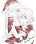  1boy 1girl antenna_hair artist_name bangs blush breasts capelet couple elizabeth_liones gloves greyscale hair_over_one_eye harumiya hat hug large_breasts long_hair long_sleeves looking_at_viewer meliodas merry_christmas monochrome nanatsu_no_taizai santa_costume santa_hat smile vest 