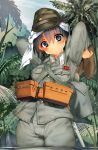  1girl absurdres belt black_eyes black_hair blush commentary eyebrows_visible_through_hair hat head_scarf highres imperial_japanese_army jungle military military_hat military_uniform nature original outdoors partially_submerged pouch samazuka_mashiro shoes_removed short_hair solo uniform 