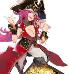  1girl ahoge blue_eyes boots breasts cleavage cuffs fate/grand_order fate_(series) francis_drake_(fate) gold hat large_breasts long_hair open_mouth pink_hair pirate pirate_hat scar shirabi smile solo tricorne 