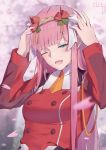  1girl ;d bangs blunt_bangs breasts cherry_blossoms darling_in_the_franxx eyebrows_visible_through_hair flower green_eyes hair_flower hair_ornament hair_ribbon long_hair medium_breasts necktie one_eye_closed open_mouth orange_neckwear pink_hair red_flower ribbon short_necktie smile solo upper_body very_long_hair white_ribbon yeh_(354162698) zero_two_(darling_in_the_franxx) 